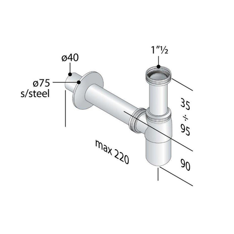 Nemo Skill fleshevel - voor wastafel - met afvoerbuis - 250mm - 6/4" x D 40 - zonder afvoerplug - sifon - chroom SW292903