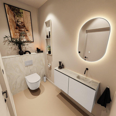 MONDIAZ TURE-DLUX meuble WC 100 cm Linen. EDEN vasque Ostra position à droite. Sans trou de robinet. SW1104958