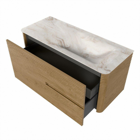 Mondiaz CIRO-DLUX Meuble de salle de bains - 110x45x50cm - lavabo solid surface Frappe - 1 vasque à droite - sans trous de robinetterie - 2 tiroirs - Chêne SW1530889