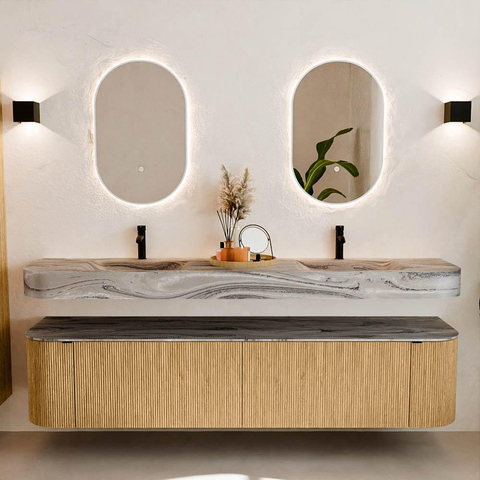 MONDIAZ THOR-DLUX 200cm meuble de salle de bains arrondi gauche + droite couleur Oak avec 2 tiroirs et 2 portes. Vasque suspendue CLOUD Double 2 trous de robinet couleur Sombra. SW1467255