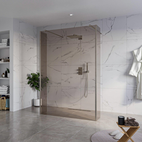 Fortifura Galeria Vrijstaande Inloopdouche - 140x200cm - rookglas - antikalk - 8mm veiligheidsglas - 2 zijwanden 40cm - wandsteunen en hoekprofielen - PVD - geborsteld gunmetal (antraciet) SW976701