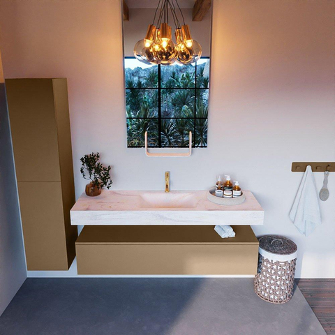 Mondiaz ALAN-DLUX Ensemble de meuble - 150cm - meuble - Oro mat - 1 tiroir - Lavabo Cloud Ostra suspendu - vasque Centre - 1 trou de robinet - Beige SW807785
