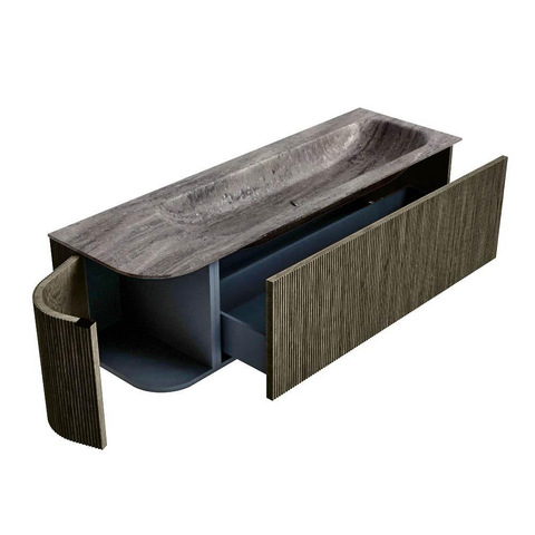 MONDIAZ KURVE-DLUX 145cm badmeubel ronding Links kleur Shadow met 1 lade en 1 deur. Wastafel BIG LARGE Rechts 2 kraangaten Oza. SW1432916