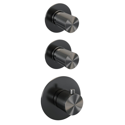 Brauer Gunmetal Carving Colonne de douche thermostatique avec pommeau 20cm et bras mural courbé 40cm et douchette Rond 3 jet flexible lisse avec coude mural Gunmetal brossé PVD SW715994