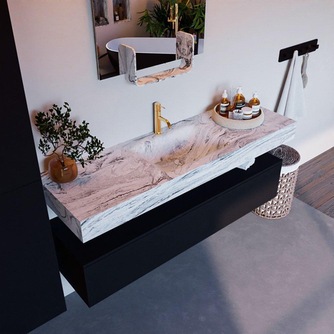 Mondiaz ALAN-DLUX Ensemble de meuble - 150cm - meuble Urban mat - 1 tiroir - Lavabo Cloud Glace suspendu - vasque Centre - 1 trou de robinet SW805298