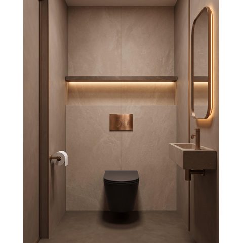 QeramiQ Dely Ensemble WC - 36.3x51.7cm - chasse profonde - sans rebord - réservoir encastré Geberit UP320 - avec châssis Burda - abattant WC softclose - plaque de commande en cuivre - boutons ronds - noir mat SW804625