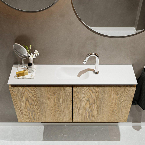 MONDIAZ TURE Toiletmeubel 100x23x50cm met 1 kraangaten 2 deuren washed oak mat Wastafel Eden midden Solid Surface Wit SW475163