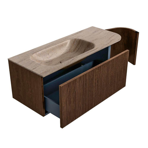 MONDIAZ KURVE-DLUX 115cm badmeubel ronding Rechts kleur Walnut met 1 lade en 1 deur. Wastafel BIG SMALL Links 1 kraangat Saba. SW1433169
