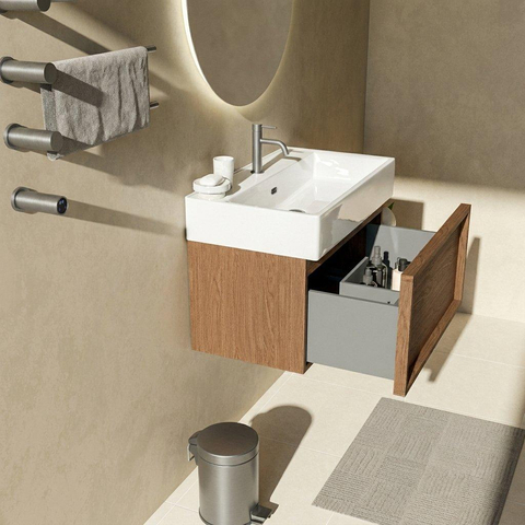 Saniclass Holz Frame Badkamermeubelset - 80x45x52cm - Legend keramische wastafel wit - 1 wasbak - 1 kraangat - 1 lade - mat walnut pure (hout) SW1478475