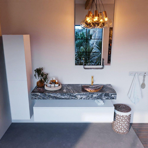 Mondiaz ALAN-DLUX Ensemble de meuble - 150cm - meuble - Talc mat - 1 tiroir - Lavabo Cloud Lava suspendu - vasque droite - 1 trou de robinet - Noir SW807799