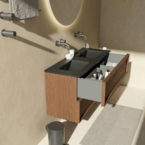 Saniclass Holz Frame Badkamermeubelset - 120x45x62cm - Vygo keramische wastafel zwart - 2 wasbakken - zonder kraangaten - 2 lades - mat walnut pure (hout) SW1580067