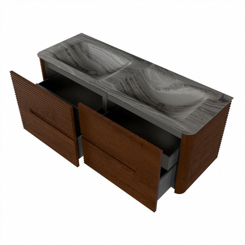 Mondiaz CIRO-DLUX Badkamermeubelset - 130x45x50cm - Solid surface wastafel Sombra - 2 wasbak Dubbel - 2 kraangaten - 4 lades - Ruby SW1531951