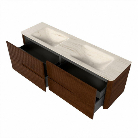 Mondiaz CIRO-DLUX Meuble de salle de bains - 160x45x50cm - plan vasque solid surface Meli - 2 vasques double - sans trous de robinetterie - 4 tiroirs - Ruby SW1531807