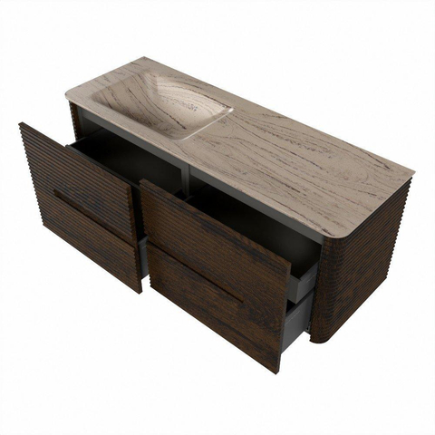 Mondiaz CIRO-DLUX Meuble de salle de bains - 130x45x50cm - Plan-vasque en solid surface Arena - 1 vasque à gauche - 1 trou de robinetterie - 4 tiroirs - Noyer SW1530436