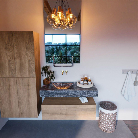 Mondiaz ALAN-DLUX Ensemble de meuble - 100cm - meuble Washed Oak mat - 1 tiroir - Lavabo Cloud Lava suspendu - vasque Gauche - 0 trous de robinet SW809007