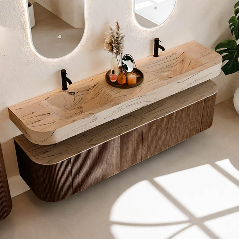 MONDIAZ THOR-DLUX 190cm meuble de salle de bains arrondi gauche + droite couleur Walnut avec 2 tiroirs et 2 portes. Vasque suspendue CLOUD Double 2 trous de robinet couleur Arena. SW1466588