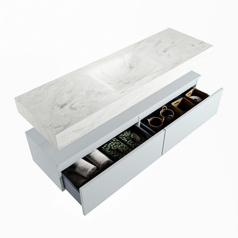 Mondiaz ALAN-DLUX Ensemble de meuble - 150cm - meuble Clay mat - 2 tiroirs - Lavabo Cloud Opalo suspendu - vasque Centre - 0 trous de robinet SW806860