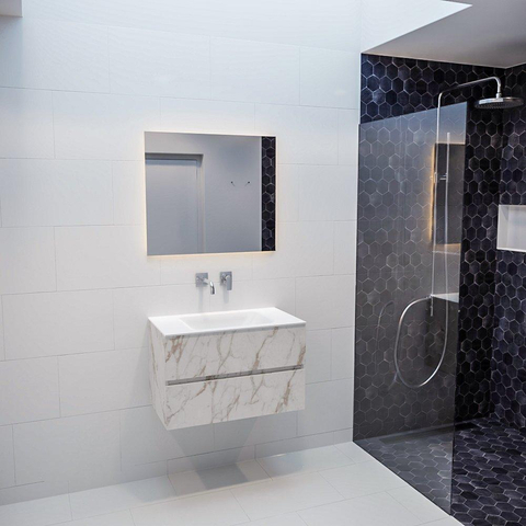 MONDIAZ VICA Ensemble de meuble salle de bain - 80cm - 2 tiroirs - lavabo Cloud au centre - 0 trous de robinet - solid surface marbre carrara SW410281