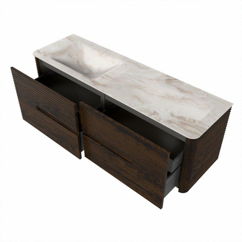 Mondiaz CIRO-DLUX Ensemble de meubles de salle de bains - 150x45x50cm - Lavabo solid surface Frappe - 1 vasque à gauche - 1 trou de robinet - 4 tiroirs - Noyer SW1530311