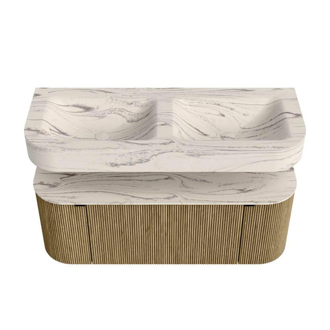 MONDIAZ THOR-DLUX 120cm meuble de salle de bains arrondi gauche + droite couleur Dusk avec 1 tiroir et 2 portes. Vasque suspendue CLOUD Double 2 trous de robinet couleur Nata. SW1463388