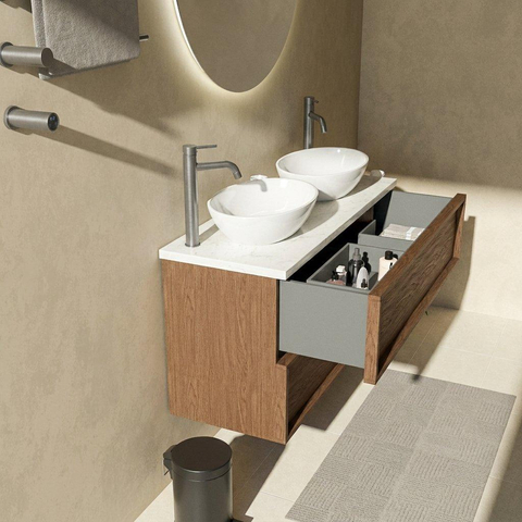 Saniclass Holz Frame Ensemble meuble de salle de bains - 120x45x63cm - Plan vasque en marbre Dia poli (blanc) - 2 trous de robinet - 2 tiroirs - mat walnut pure (bois) SW1579968