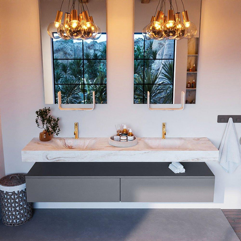 Mondiaz ALAN-DLUX Ensemble de meuble - 200cm - meuble Plata mat - 2 tiroirs - Lavabo Cloud Frappe suspendu - vasque Gauche et droite - 2 trous de robinet SW804924