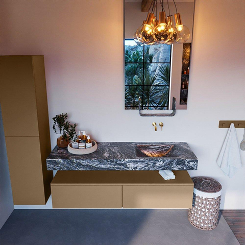 Mondiaz ALAN-DLUX Ensemble de meuble - 150cm - meuble Oro mat - 2 tiroirs - Lavabo Cloud Lava suspendu - vasque Droite - 0 trous de robinet SW808588
