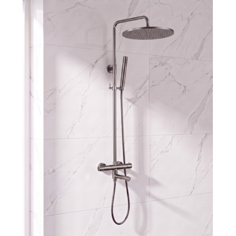 Fortifura Calvi Regendoucheset - thermostatisch - 30cm hoofddouche - metalen slang - staaf handdouche - draaibare baduitloop - Geborsteld Gunmetal PVD SW1592486