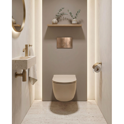 QeramiQ Dely Pack WC - 36,3x51,7cm - à fond creux - sans bride - réservoir encastré Geberit UP320 - abattant WC à fermeture douce - plaque de commande en cuivre - boutons ronds - beige mat SW1242415