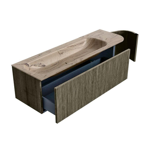 MONDIAZ KURVE-DLUX Meuble de salle de bains 145cm arrondi Droite couleur Shadow avec 1 tiroir et 1 porte. Lavabo BIG LARGE Gauche 2 trous de robinet Arena. SW1431444