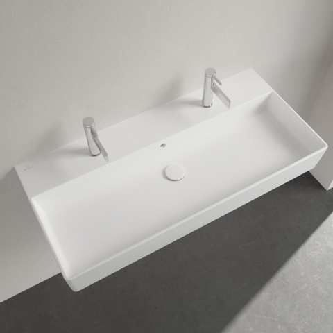 Villeroy & Boch memento 2.0 wastafel - voor handdoekhouders - 100x47cm - met overloop - 2 kraangaten CeramicPlus - White Alpine (glans wit) SW336045