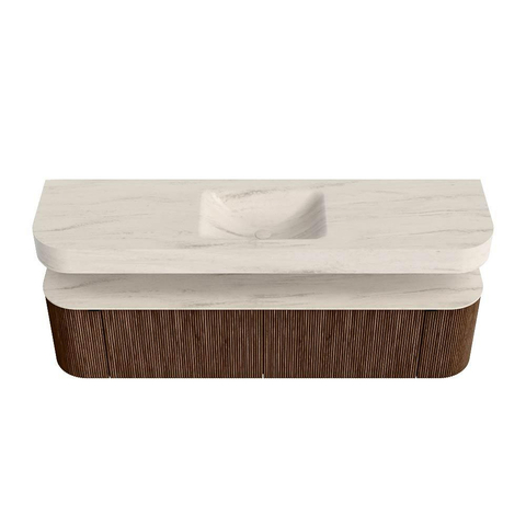 MONDIAZ THOR-DLUX Meuble de salle de bains 180cm arrondi gauche + droite couleur Walnut avec 2 tiroirs et 2 portes. Vasque suspendue CLOUD Milieu 1 trou de robinet couleur Meli. SW1466172