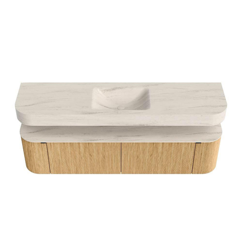 MONDIAZ THOR-DLUX 180cm meuble de salle de bains arrondi gauche + droite couleur Oak avec 2 tiroirs et 2 portes. Vasque suspendue CLOUD Milieu 1 trou de robinet couleur Meli. SW1466151