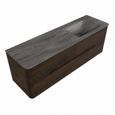 Mondiaz CIRO-DLUX Ensemble de meuble de salle de bains - 150x45x50cm - plan de toilette en solid surface Oza - 1 vasque à droite - sans trous de robinet - 4 tiroirs - Noyer SW1530647