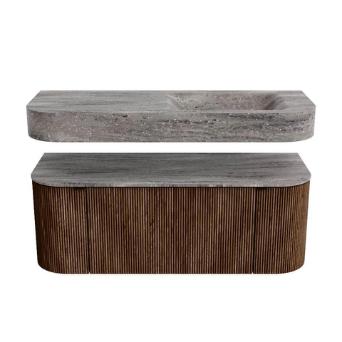 MONDIAZ THOR-DLUX 120cm meuble de salle de bains arrondi gauche + droite couleur Walnut avec 1 tiroir et 2 portes. Vasque suspendue CLOUD droite sans trou de robinet couleur Oza. SW1463385