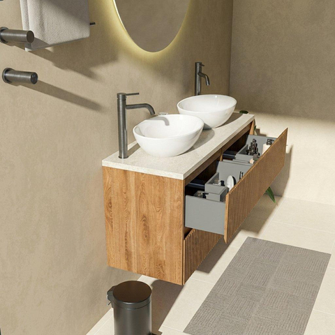 Saniclass Holz Atelier Badkamermeubelset - 120x45x63cm - Travertine natuurstenen topblad - 2 kraangaten - 4 lades - mat eiken natural (hout) SW1478878