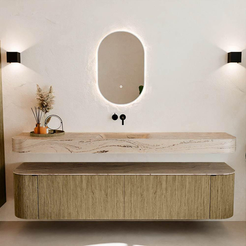 MONDIAZ THOR-DLUX 200cm meuble de salle de bains arrondi gauche + droite couleur Dusk avec 2 tiroirs et 2 portes. Vasque suspendue CLOUD Milieu sans trou de robinet couleur Arena. SW1467069