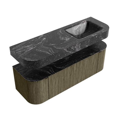 MONDIAZ THOR-DLUX 140cm meuble de salle de bains arrondi gauche + droite couleur Shadow avec 1 tiroir et 2 portes. Vasque suspendue CLOUD droite sans trou de robinet couleur Lava. SW1464146
