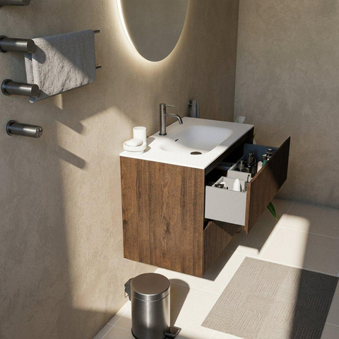 Saniclass Holz Atelier Badkamermeubelset - 80x45x61.5cm - Flow solid surface wastafel wit - 1 wasbak - 1 kraangat - 2 lades - mat eiken charcoal (hout) SW1478384