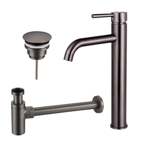 Fortifura Calvi Wastafelkraanset - verhoogde wastafelkraan - always open plug - design - sifon - PVD - geborsteld gunmetal (antraciet) SW911763