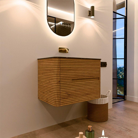 Mondiaz CIRO-DLUX Meuble de salle de bains - 70x45x50cm - lavabo solid surface Lava - 1 vasque au milieu - sans trous de robinet - 2 tiroirs - Chêne SW1531060