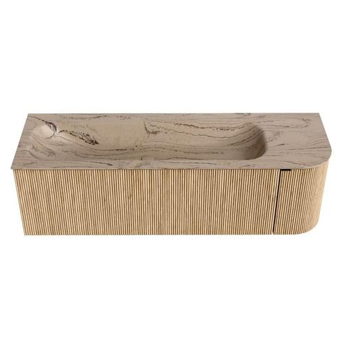 MONDIAZ KURVE-DLUX 145cm badmeubel ronding Rechts kleur Oak met 1 lade en 1 deur. Wastafel BIG LARGE Links zonder kraangat Arena. SW1431130