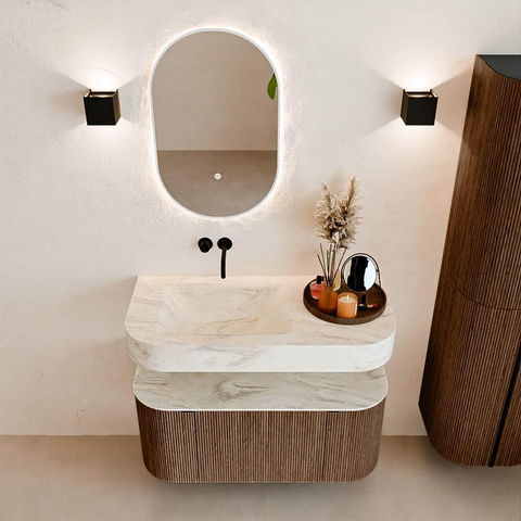 MONDIAZ THOR-DLUX Meuble de salle de bains - 100cm - arrondi gauche + droite - couleur Walnut - 1 tiroir et 2 portes - Vasque suspendue CLOUD Gauche sans trou de robinet - couleur Ostra SW1467374