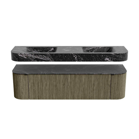 MONDIAZ THOR-DLUX Meuble de salle de bains 170cm arrondi gauche + droite couleur Shadow avec 1 tiroir et 2 portes. Vasque suspendue CLOUD Double sans trou de robinet couleur Lava. SW1465539