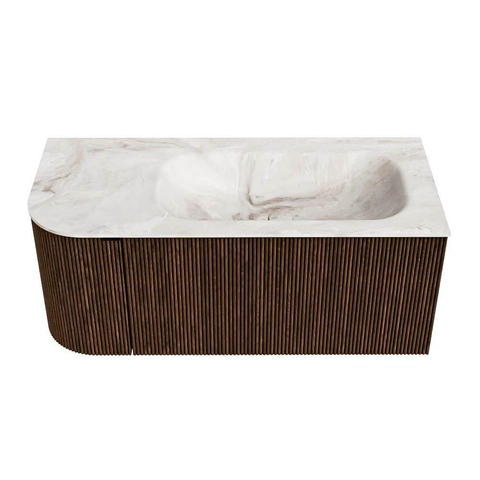 MONDIAZ KURVE-DLUX meuble de salle de bains 105 cm avec module 25 L couleur Walnut avec 1 tiroir et 1 porte. Lavabo BIG SMALL à droite sans trou de robinet couleur Frappe. SW1137460