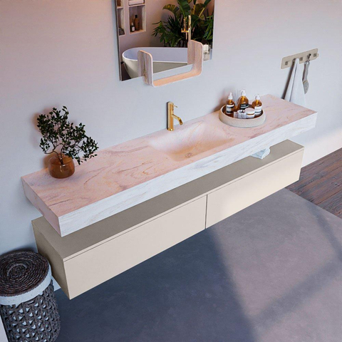 Mondiaz ALAN-DLUX Ensemble de meuble - 200cm - meuble Linen mat - 2 tiroirs - Lavabo Cloud Ostra suspendu - vasque Centre - 1 trou de robinet SW807545