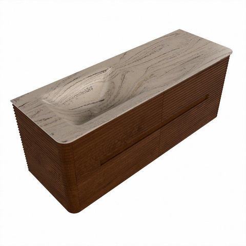 Mondiaz CIRO-DLUX Meuble de salle de bains - 130x45x50cm - Plan vasque Solid surface Arena - 1 lavabo à gauche - sans trous de robinetterie - 4 tiroirs - Ruby SW1531702