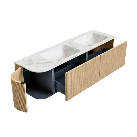 MONDIAZ KURVE-DLUX Meuble de salle de bains 155cm avec module 25 L couleur Oak avec 2 tiroirs et 1 porte. Lavabo LEAF double / à droite 2 trous de robinet couleur Frappe. SW1137426