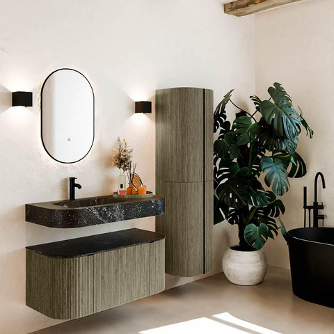 MONDIAZ THOR-DLUX 100cm meuble de salle de bains arrondi gauche + droite couleur Shadow avec 1 tiroir et 2 portes. Vasque suspendue CLOUD gauche 1 trou de robinet couleur Lava. SW1467517