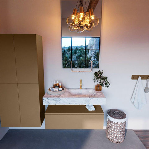 Mondiaz ALAN-DLUX Ensemble de meuble - 100cm - meuble Oro mat - 1 tiroir - Lavabo Cloud Glace suspendu - vasque Droite - 1 trou de robinet SW806132